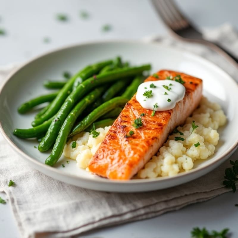 Seared Salmon Fillet with Steamed Green Beans and Cauliflower Mash