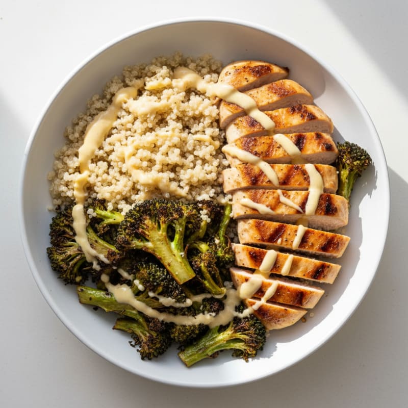 Grilled Chicken and Quinoa Bowl with Roasted Broccoli and Lemon Tahini Drizzle