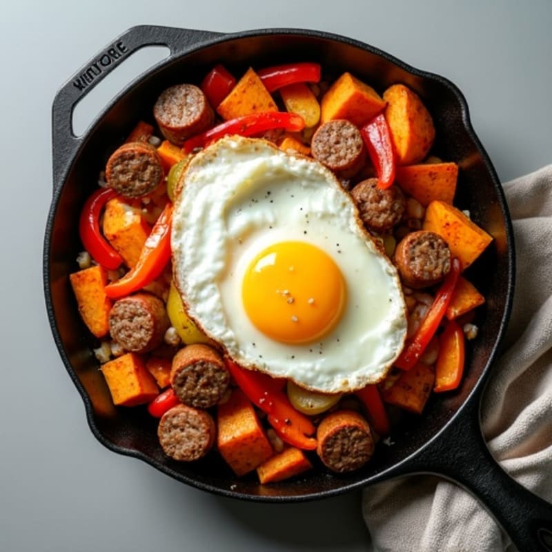 Crispy Sweet Potato and Lean Turkey Sausage Skillet with Fresh Eggs