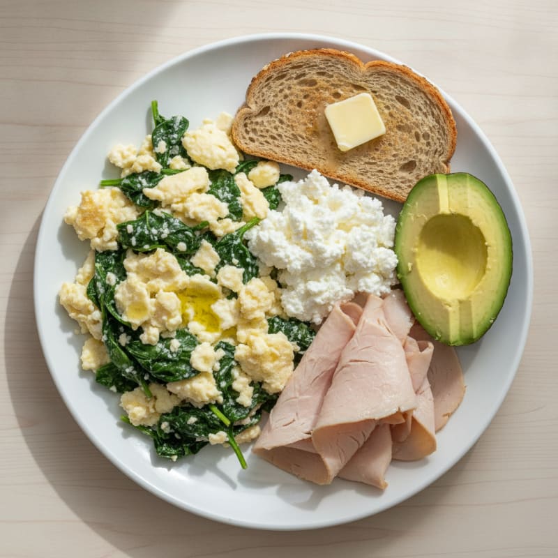Egg White Spinach Scramble with Cottage Cheese and Sliced Turkey