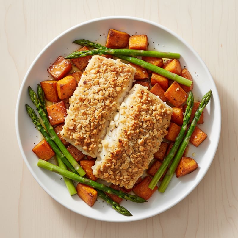 Crispy Baked Haddock with Roasted Sweet Potatoes