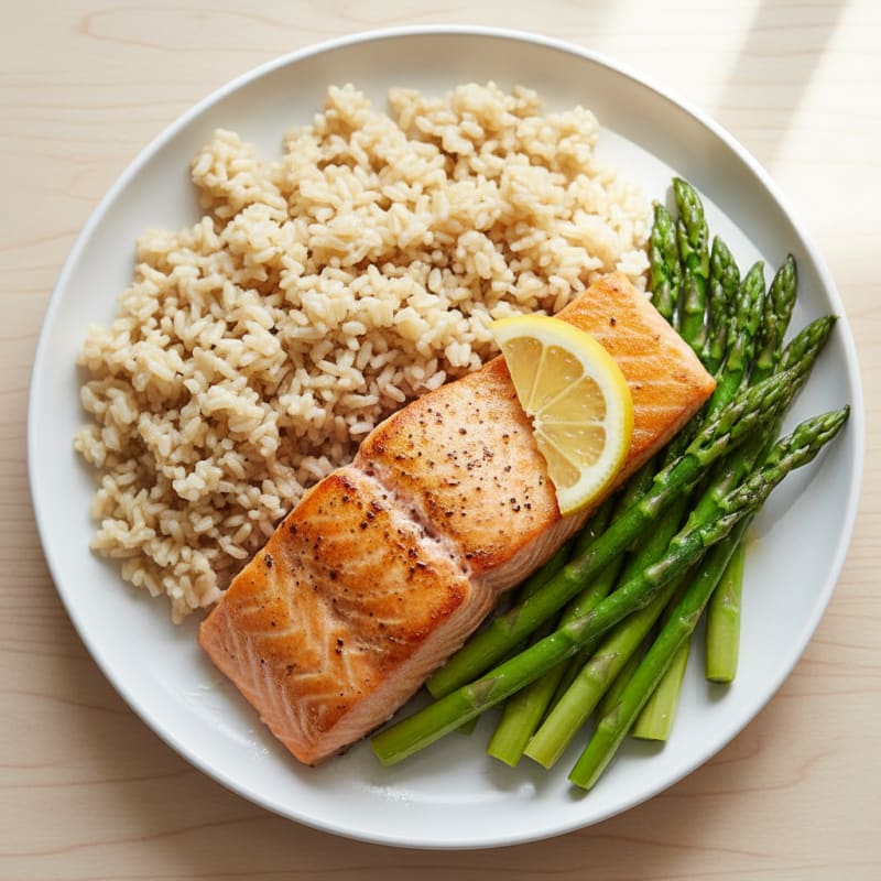 Seared Salmon with Steamed Asparagus and Brown Rice