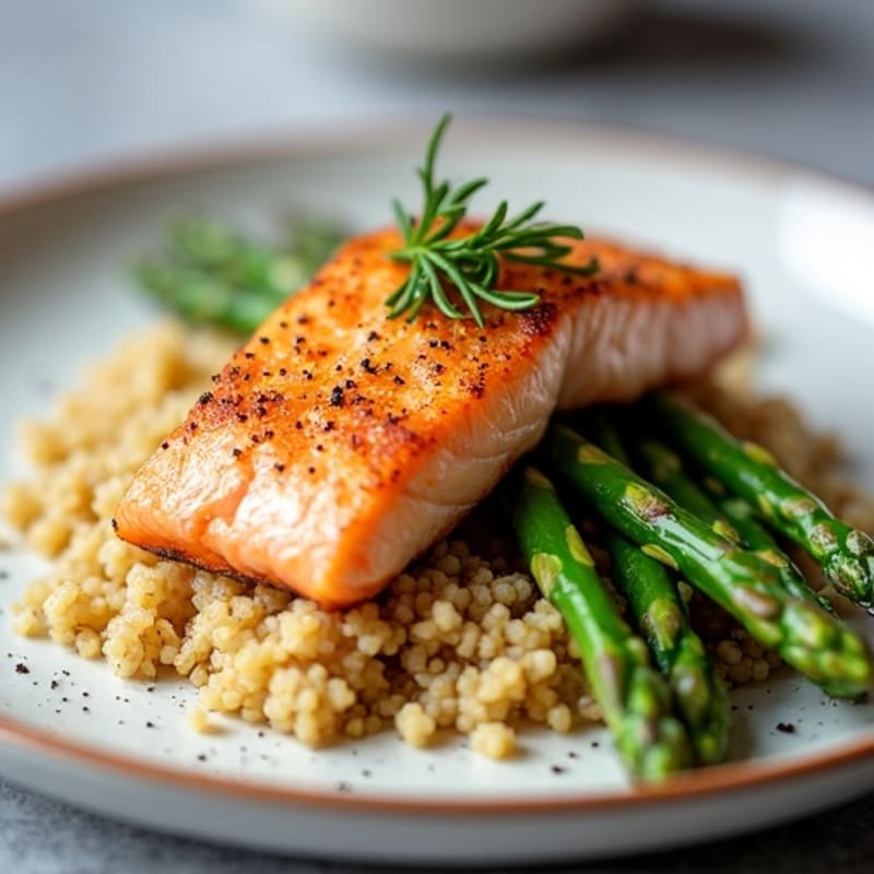 Crispy Pan-Seared Salmon with Roasted Asparagus and Quinoa