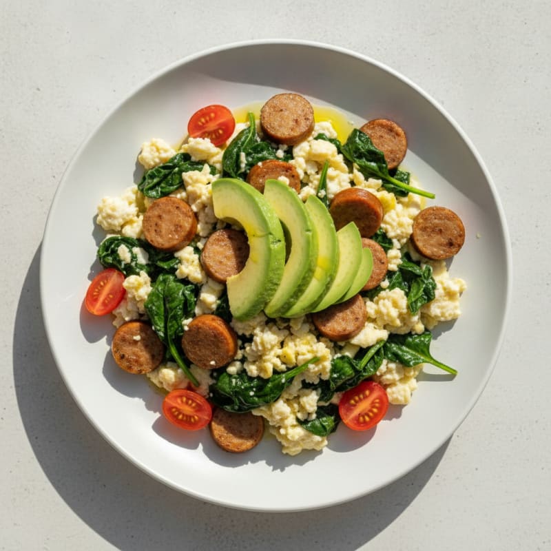 Egg White Scramble with Turkey Sausage and Sautéed Spinach