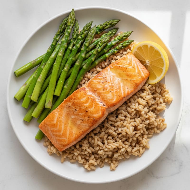 Seared Salmon with Steamed Asparagus and Brown Rice