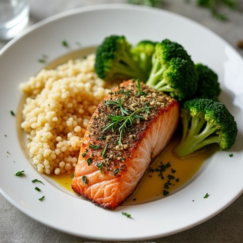 Herb-Crusted Baked Salmon with Quinoa and Roasted Broccoli