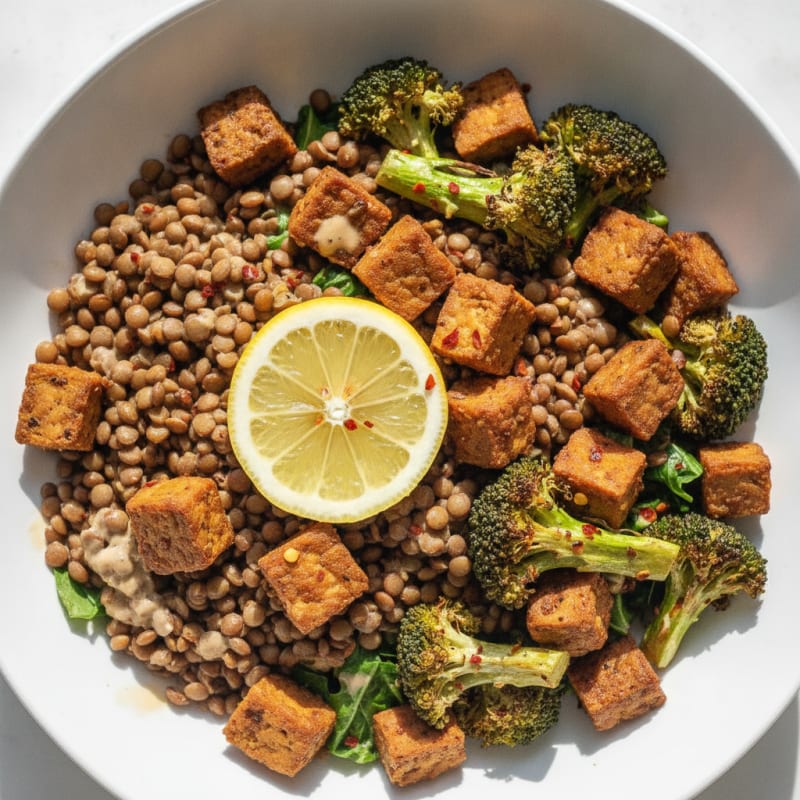 Lentil and Tempeh Power Bowl with Roasted Broccoli