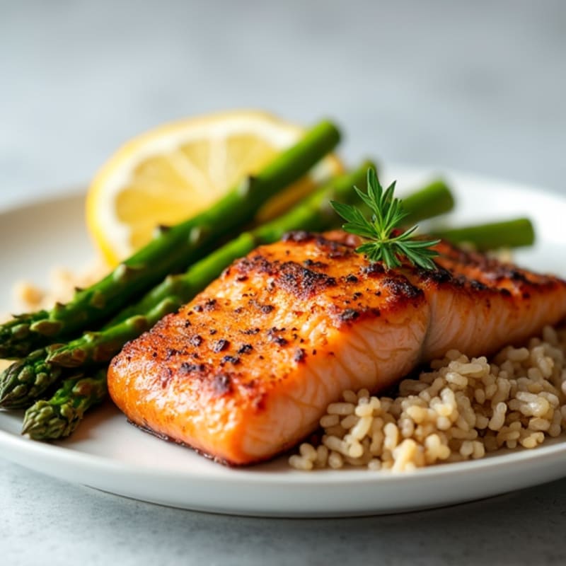 Seared Salmon with Steamed Asparagus and Brown Rice