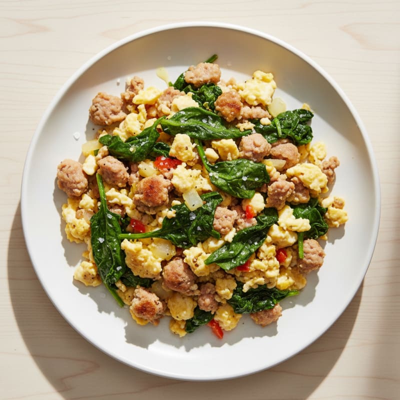 Egg White Scramble with Turkey Sausage and Sautéed Spinach