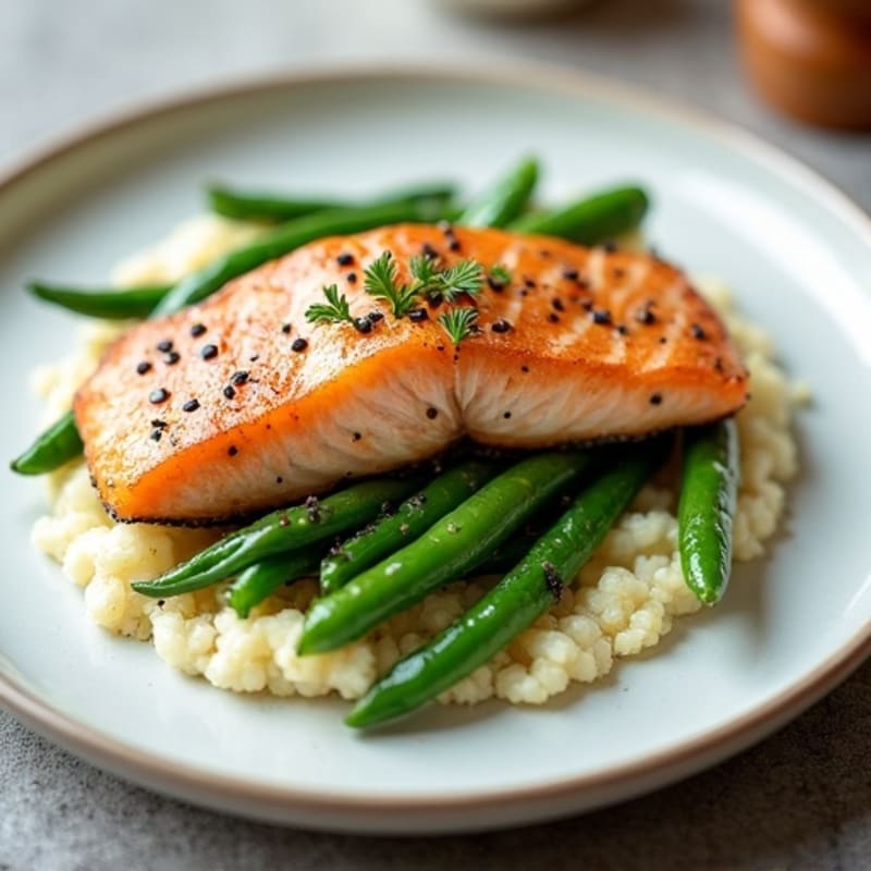 Seared Salmon with Steamed Green Beans and Cauliflower Mash