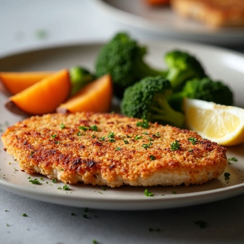 Crispy Baked Chicken Cutlets with Roasted Broccoli and Sweet Potato Wedges