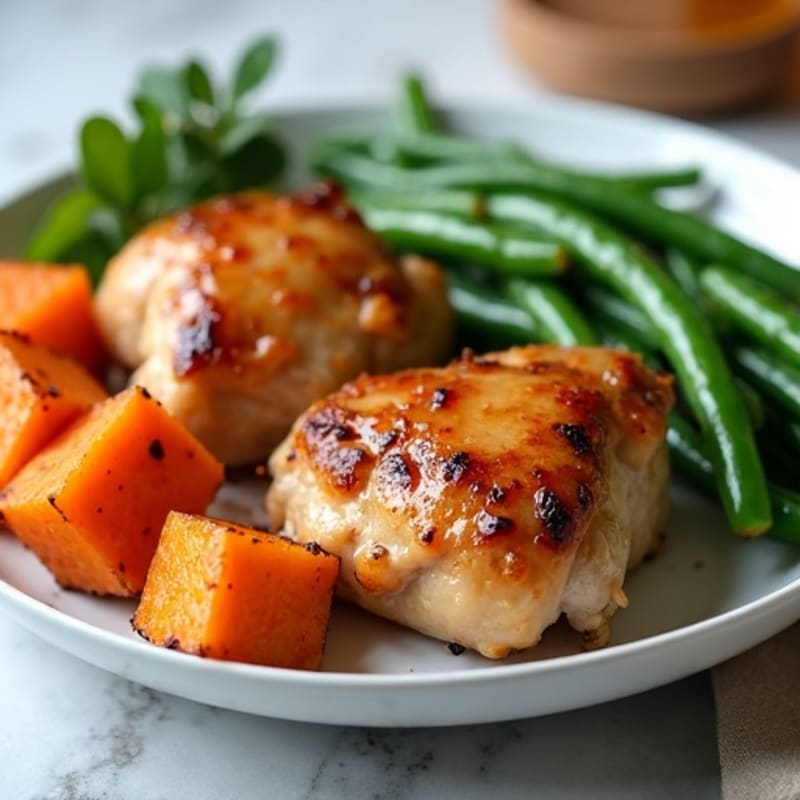 Honey-Garlic Glazed Chicken Thighs with Roasted Sweet Potatoes and Crispy Green Beans