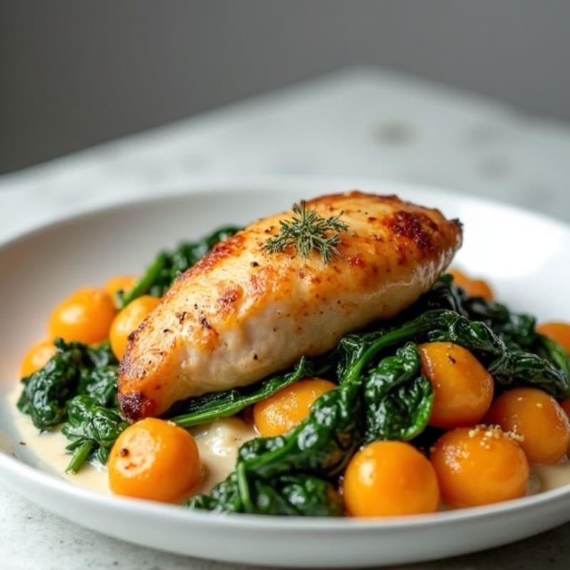 Creamy Sweet Potato Gnocchi with Roasted Chicken and Garlicky Spinach