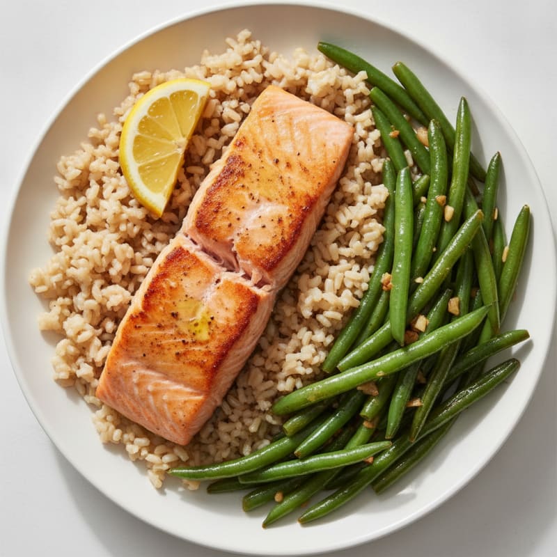 Seared Salmon with Garlic Green Beans and Brown Rice