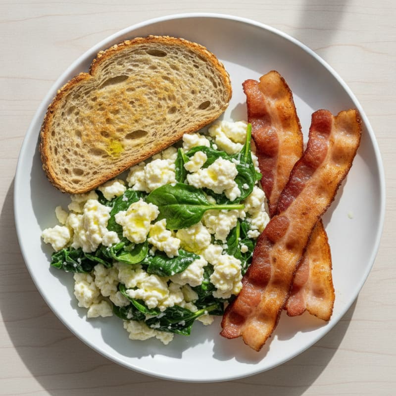 Cottage Cheese Egg White Scramble with Spinach and Turkey Bacon