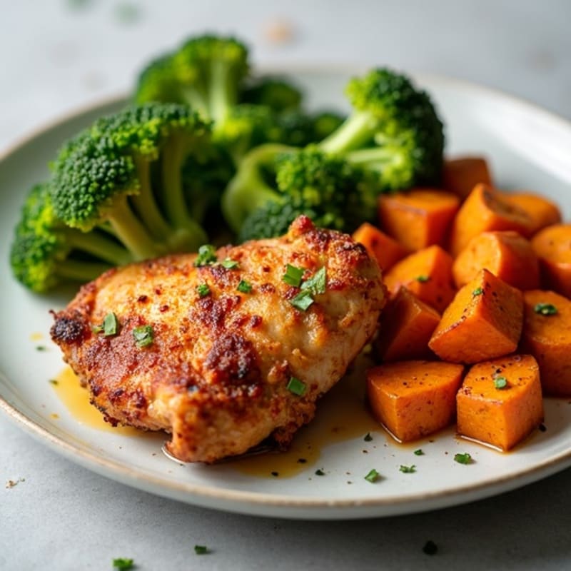 Crispy Baked Chicken Thighs with Roasted Sweet Potatoes and Broccoli