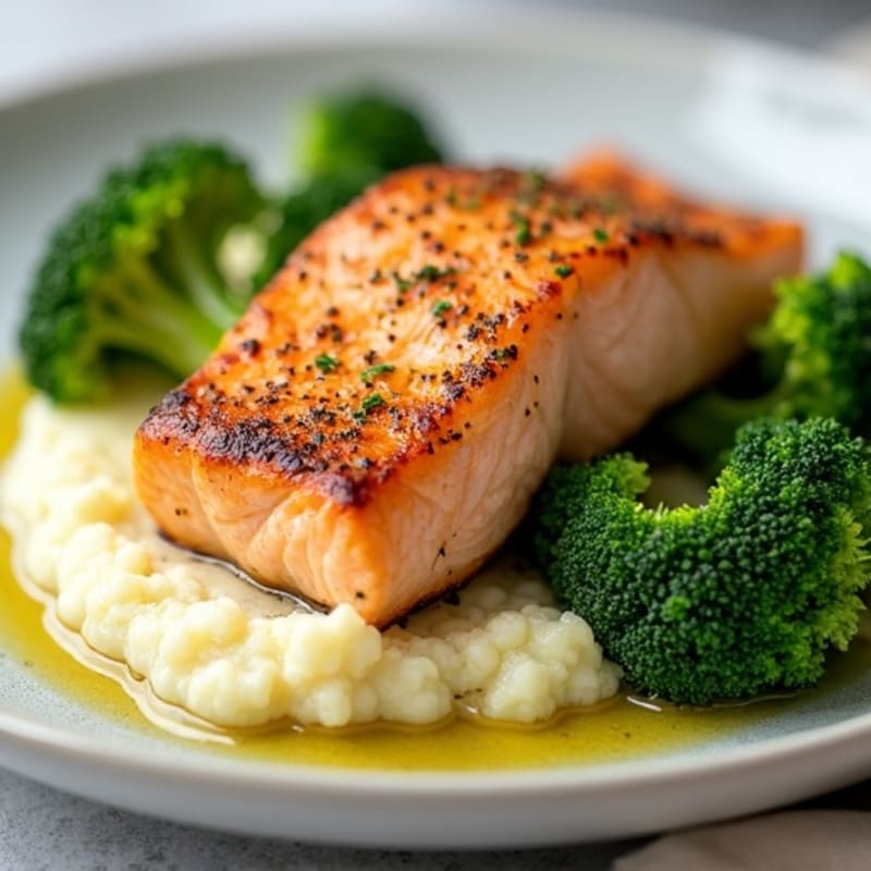 Seared Salmon Fillet with Steamed Broccoli and Garlic Cauliflower Mash