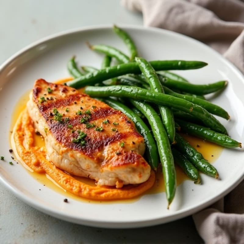 Pan-Seared Chicken with Creamy Roasted Red Pepper Hummus and Crispy Green Beans