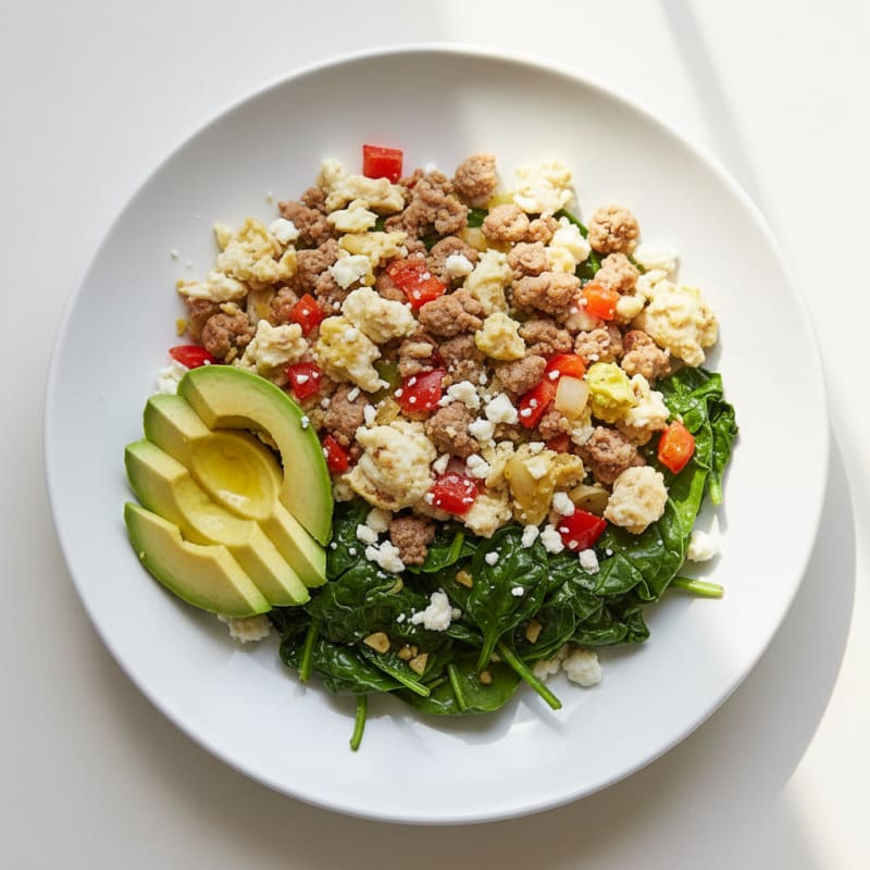 Egg White and Turkey Veggie Scramble with Sautéed Spinach
