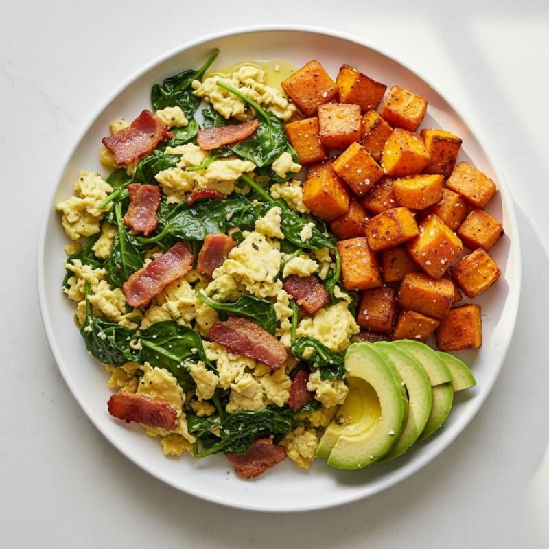 Crispy Turkey Bacon and Spinach Egg Scramble with Roasted Sweet Potatoes