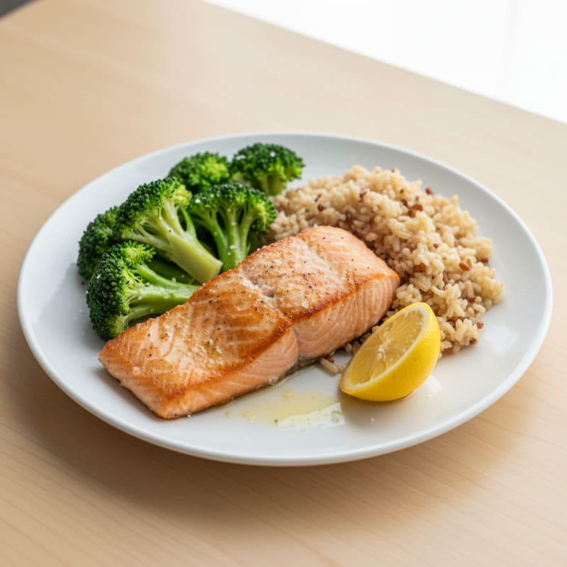 Seared Salmon with Steamed Broccoli and Brown Rice