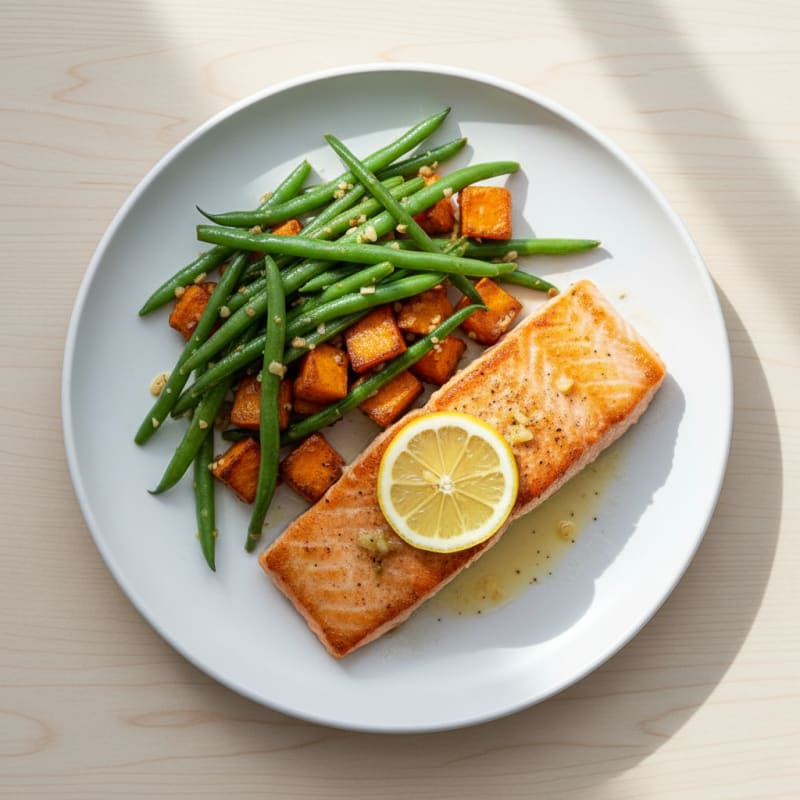 Seared Salmon with Garlic Green Beans and Roasted Sweet Potato