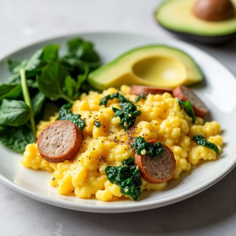 Egg White Scramble with Turkey Sausage and Sautéed Spinach