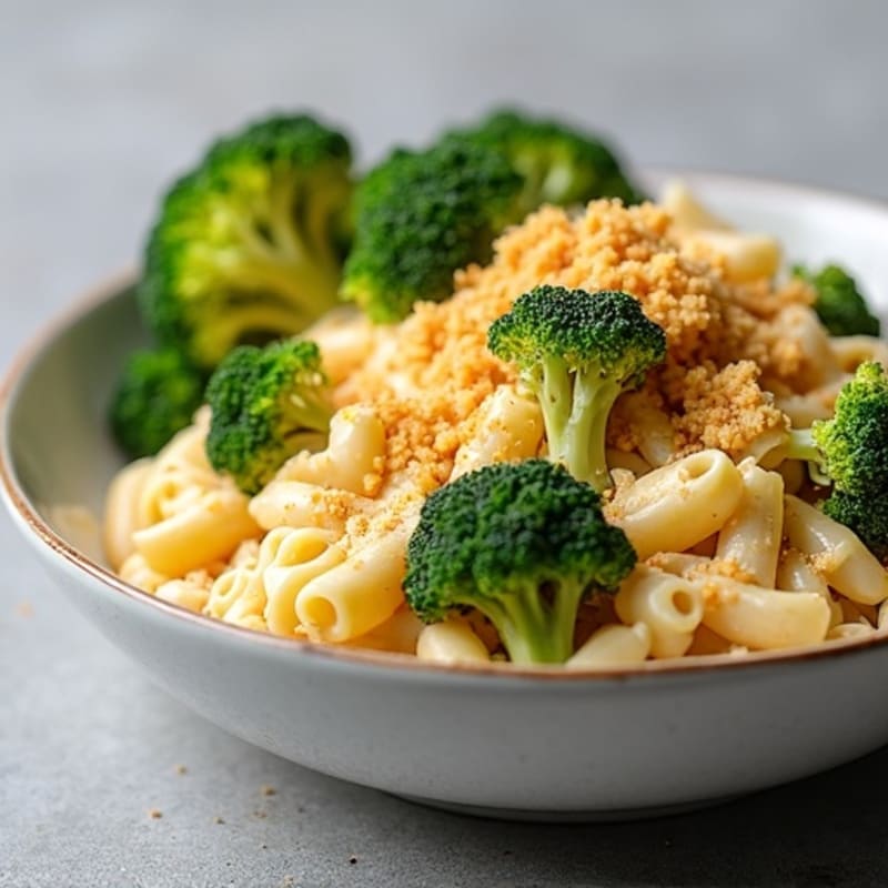 Creamy Chicken Mac with Roasted Broccoli and Crispy Panko