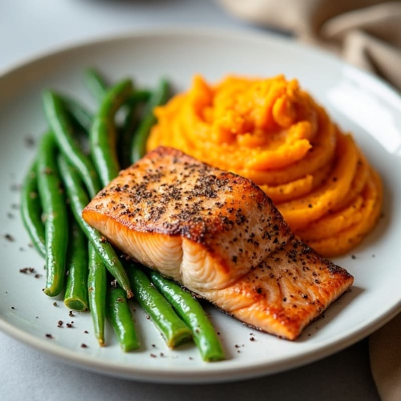 Seared Salmon Fillet with Steamed Green Beans and Sweet Potato Mash