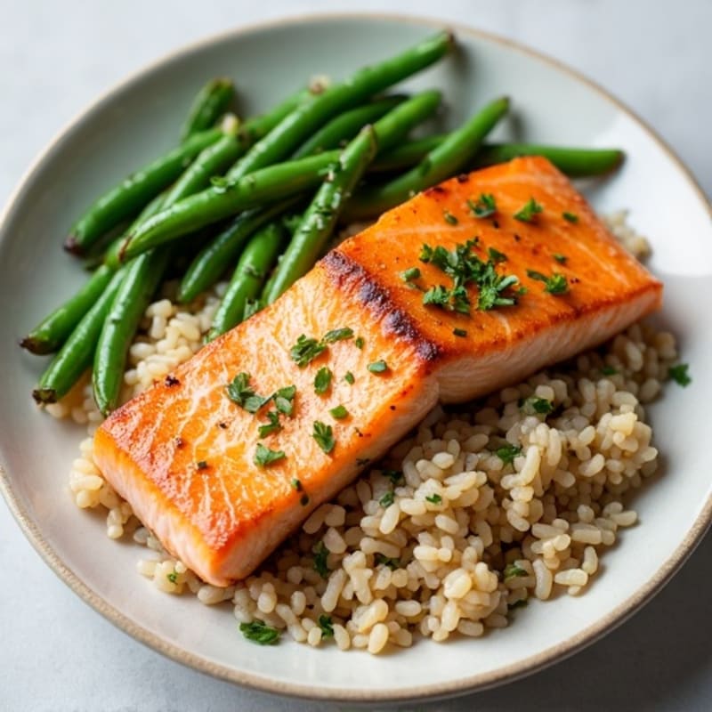 Seared Salmon with Garlic Green Beans and Brown Rice