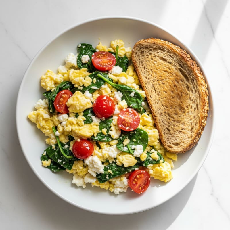 Cottage Cheese Scramble with Sautéed Spinach and Cherry Tomatoes