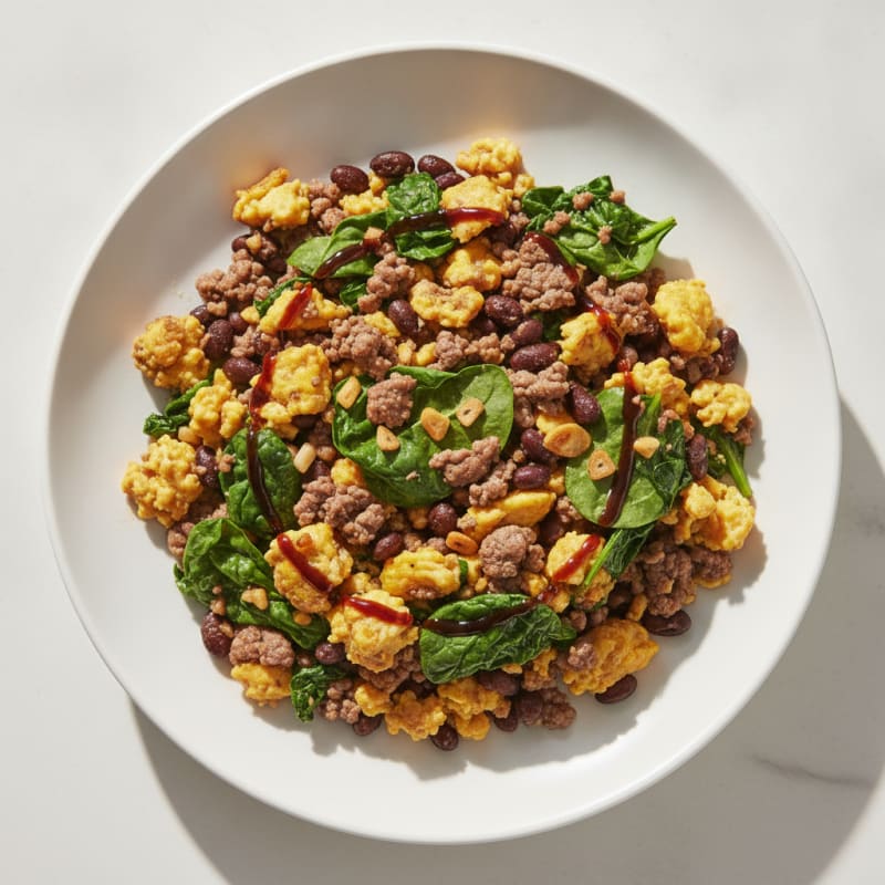 Egg and Ground Beef Scramble with Sautéed Spinach