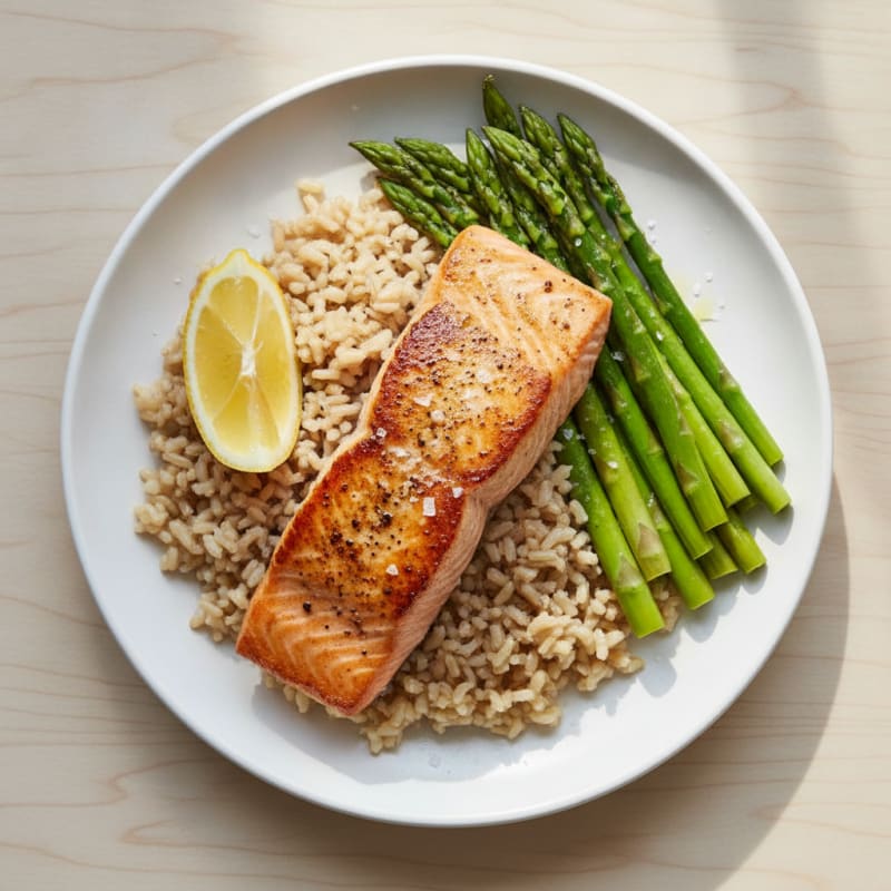 Seared Salmon with Steamed Asparagus and Brown Rice