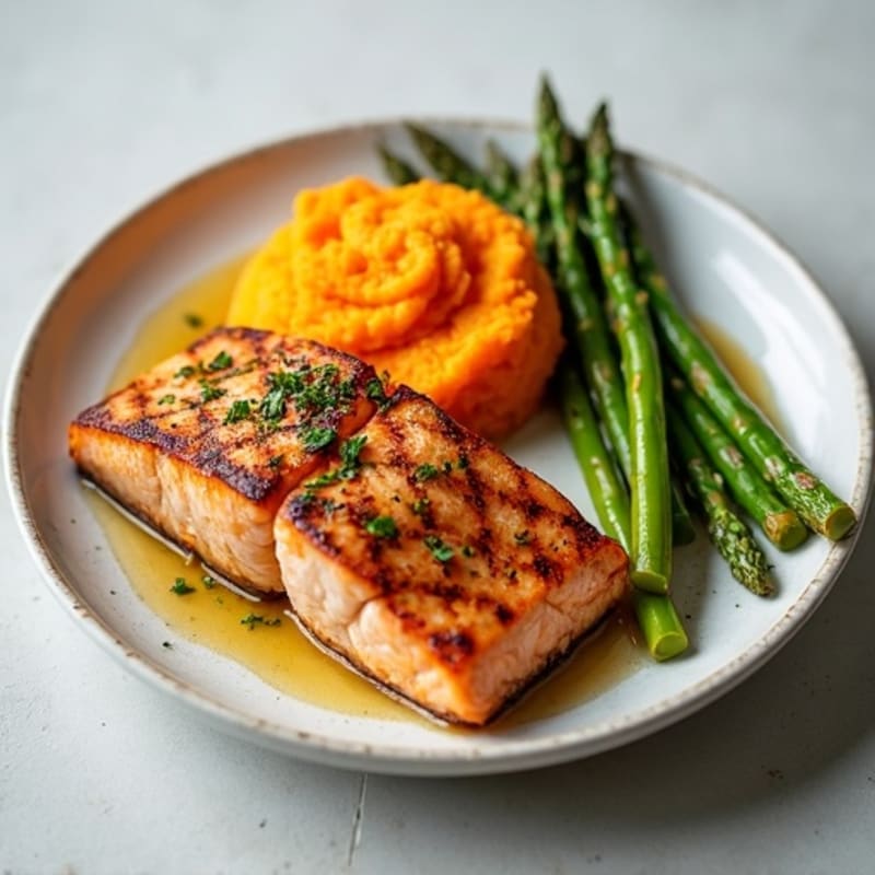 Seared Salmon Fillet with Roasted Asparagus and Sweet Potato Mash