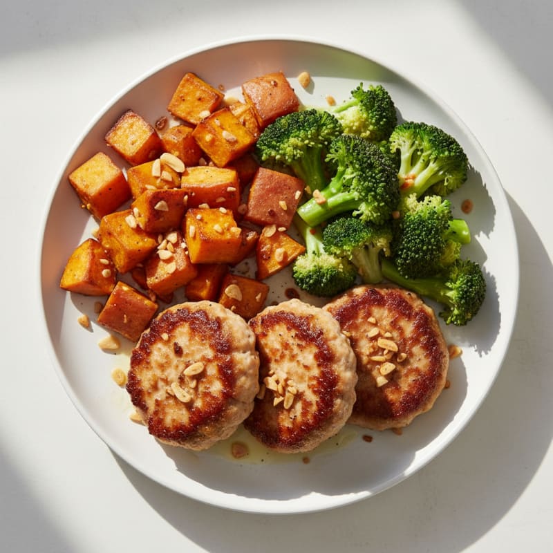 Seared Turkey Patties with Roasted Sweet Potatoes and Steamed Broccoli