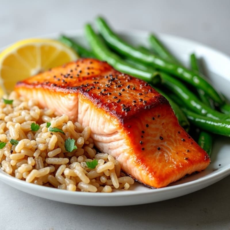 Seared Salmon with Steamed Green Beans and Brown Rice