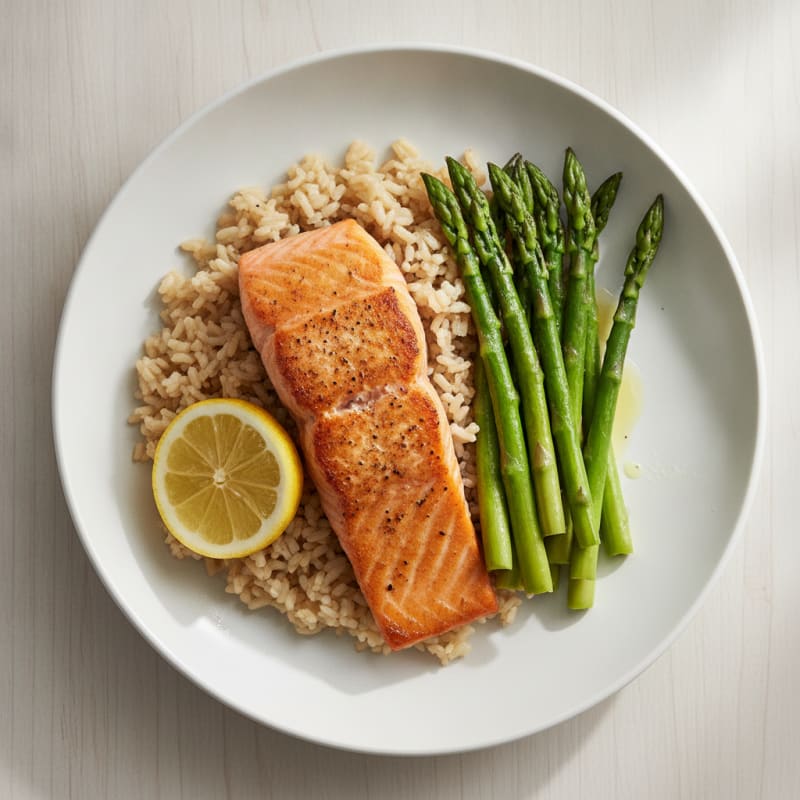 Seared Salmon Fillet with Steamed Asparagus and Brown Rice