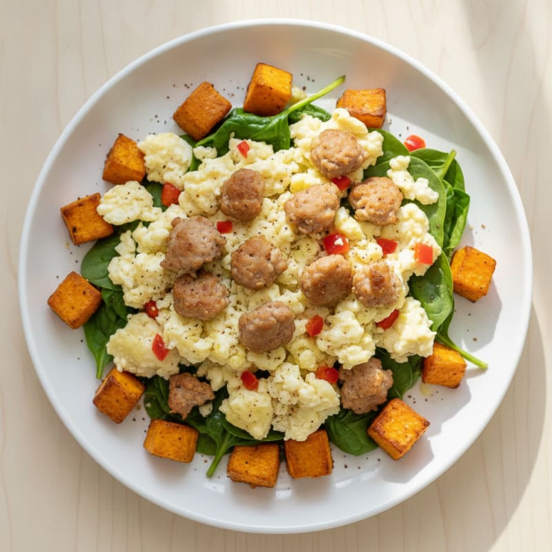 Egg White Scramble with Turkey Sausage and Roasted Sweet Potato