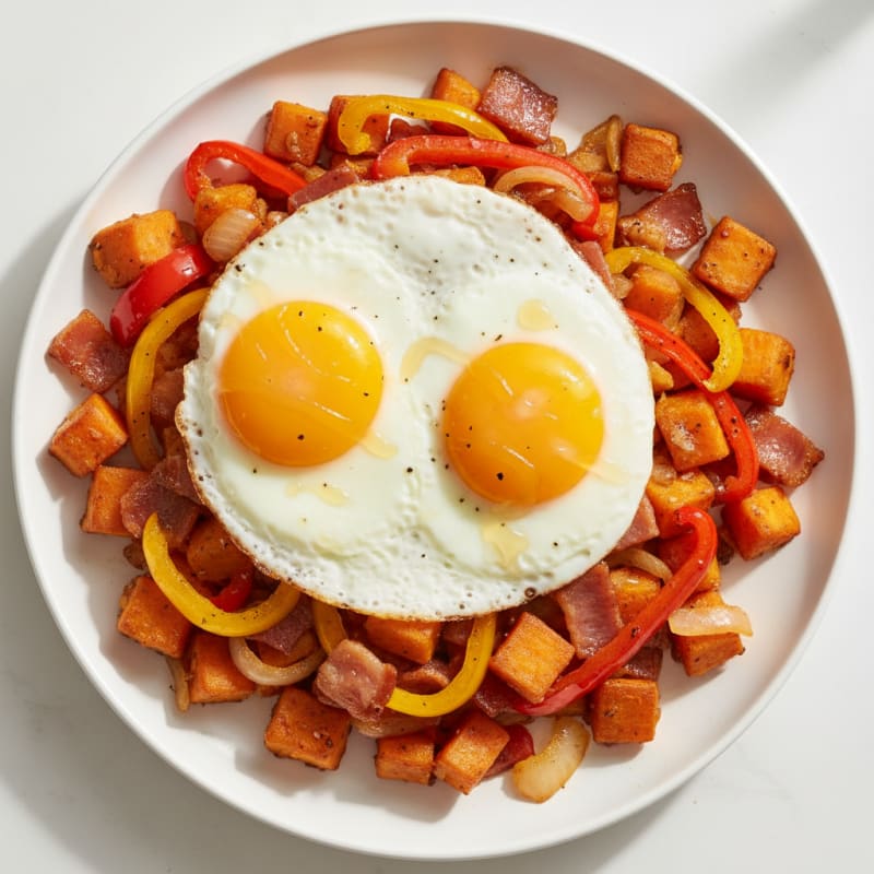 Crispy Maple-Glazed Bacon & Egg Hash