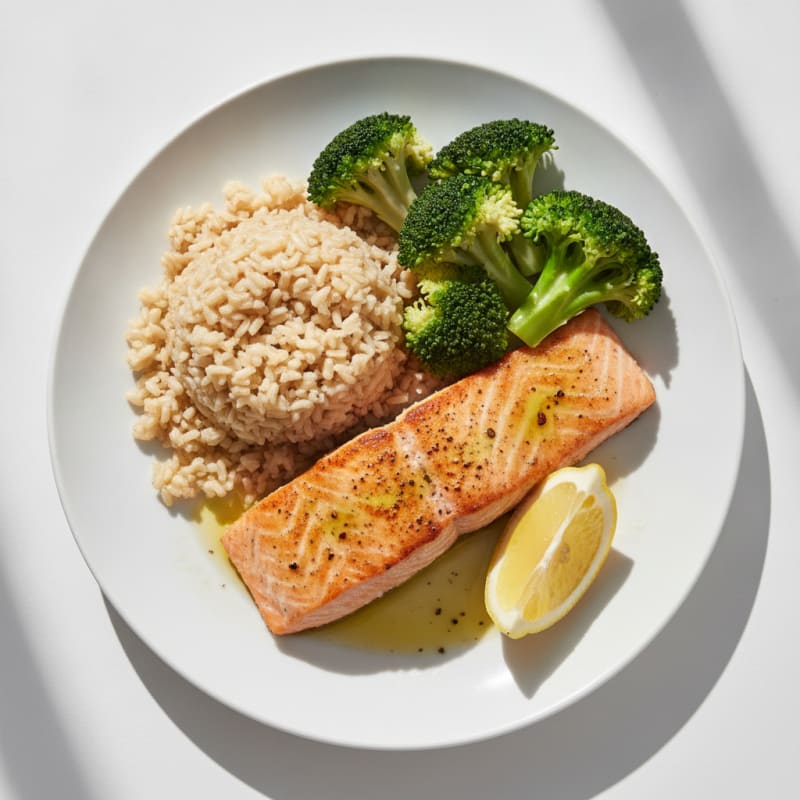 Seared Salmon Fillet with Steamed Broccoli and Brown Rice