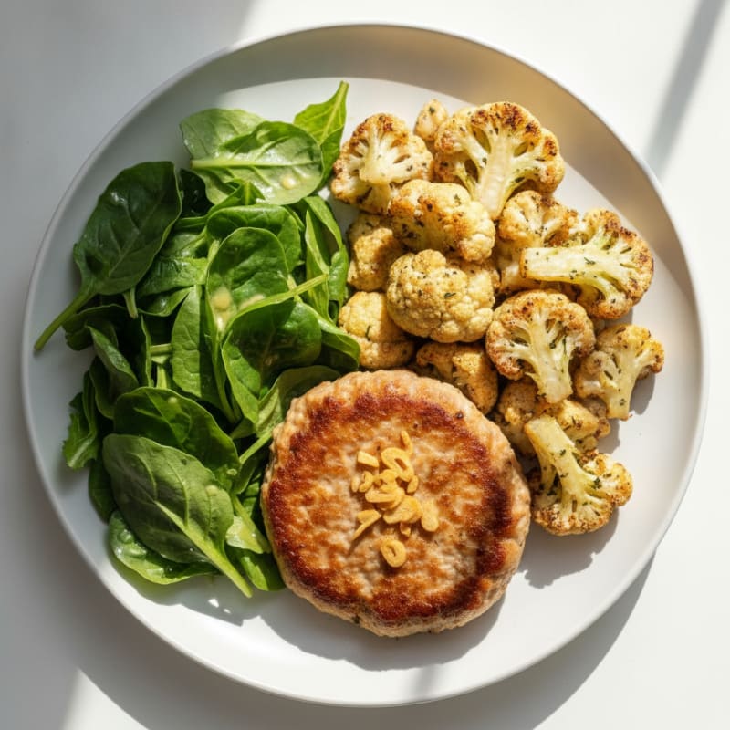 Seared Turkey Burger with Roasted Cauliflower and Mixed Greens