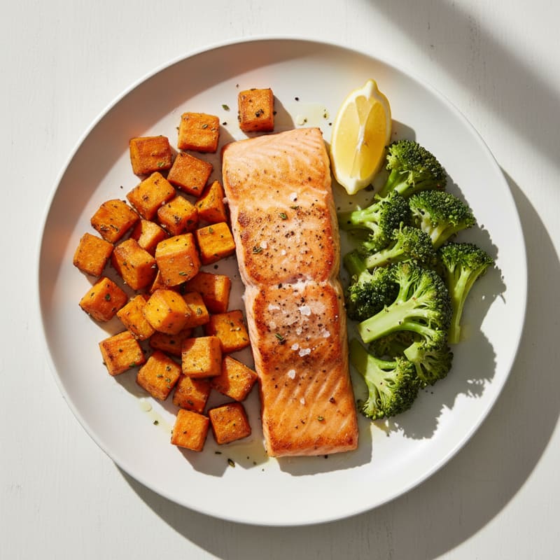 Seared Salmon with Roasted Sweet Potatoes and Steamed Broccoli