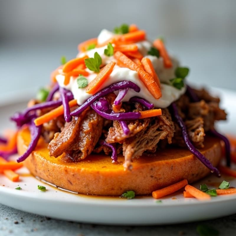 Lean Slow-Cooked Pulled Pork with Sweet Potato Rounds and Crunchy Slaw