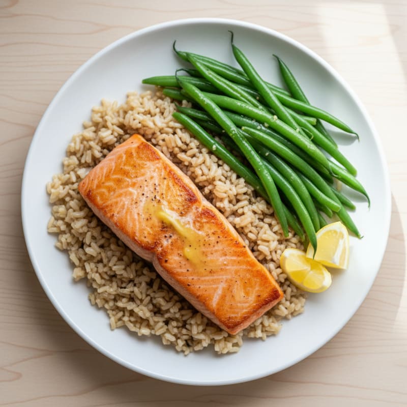 Seared Salmon with Steamed Green Beans and Brown Rice