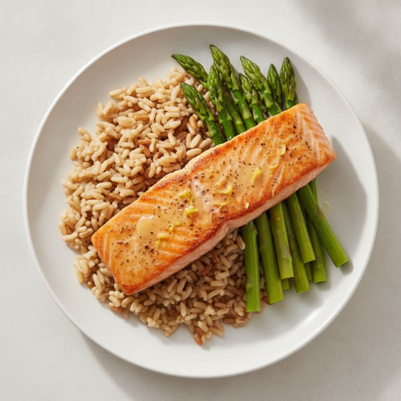 Seared Salmon Fillet with Steamed Asparagus and Brown Rice