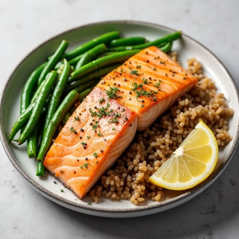 Seared Salmon Fillet with Steamed Green Beans and Brown Rice