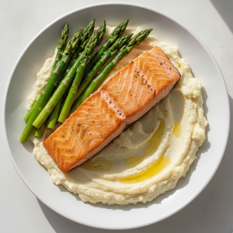 Seared Salmon with Steamed Asparagus and Cauliflower Mash