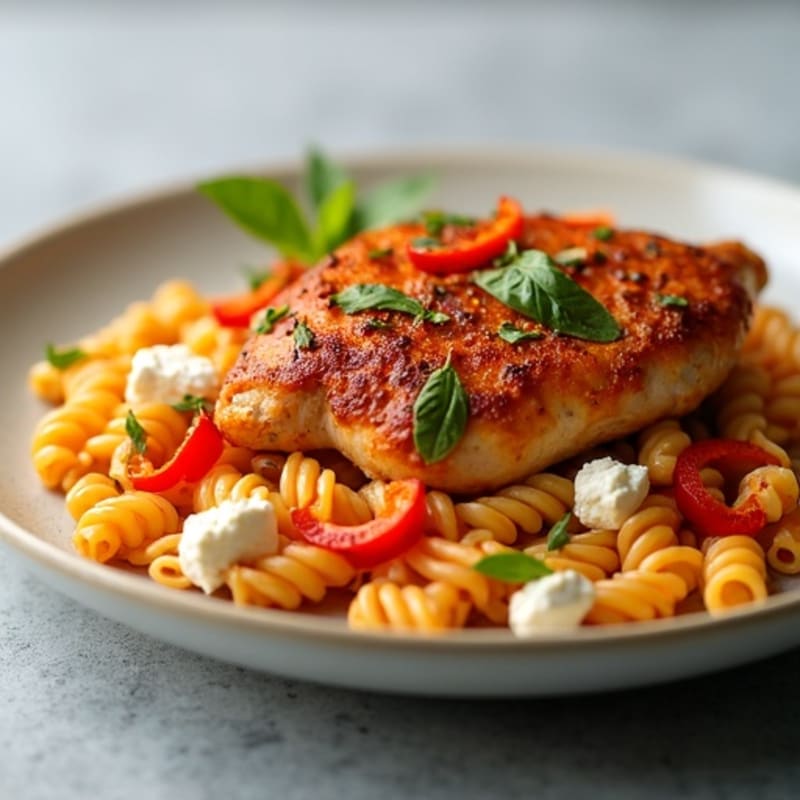 Spicy Smoky Chicken with Creamy Whole Wheat Pasta and Bell Peppers