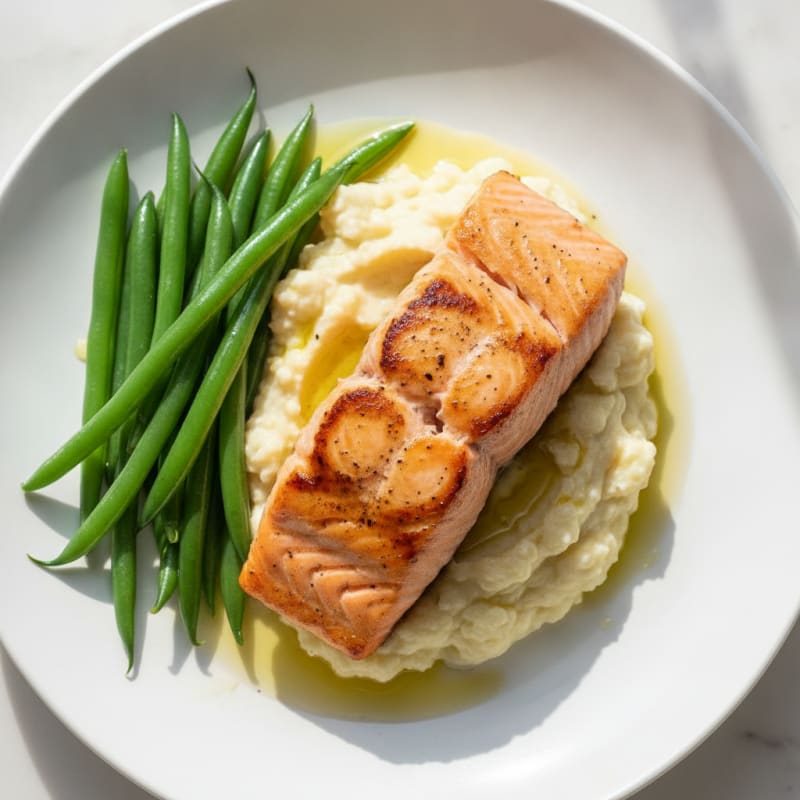 Seared Salmon with Steamed Green Beans and Garlic Mashed Cauliflower