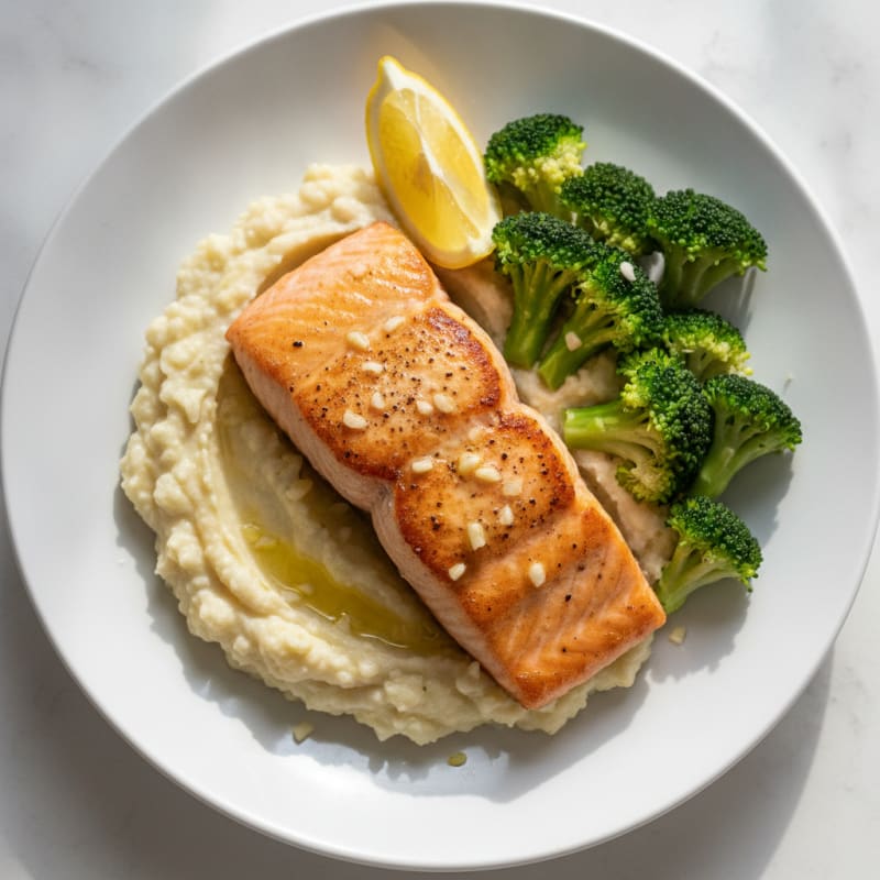 Seared Salmon with Steamed Broccoli and Garlic Cauliflower Mash
